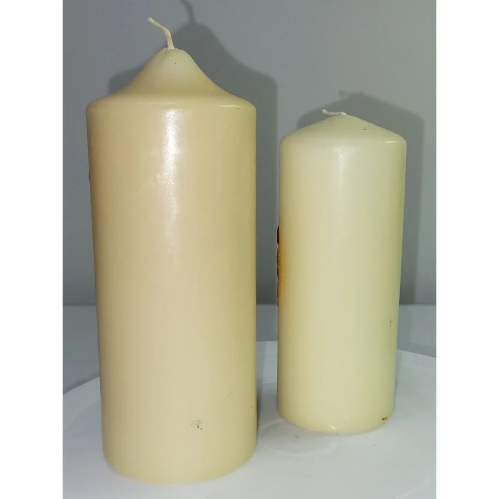 Vintage Religious Pillar Candles Sacred Heart Jesus Cross 2006 Cream Set of 2